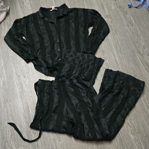 Victoria's Secret PJs Black With Black Stripes and Polka Dot Satin Pajama Set S